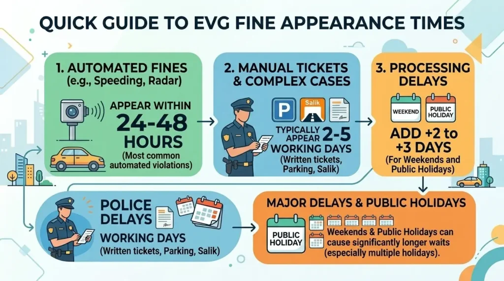 How long does EVG Fine Take to Show on Portal?